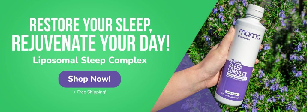 A hand holds a bottle of Mom's Liposomal Sleep Complex against a backdrop of purple flowers and greenery. Text on the image promotes the product as a sleep aid and offers free shipping.