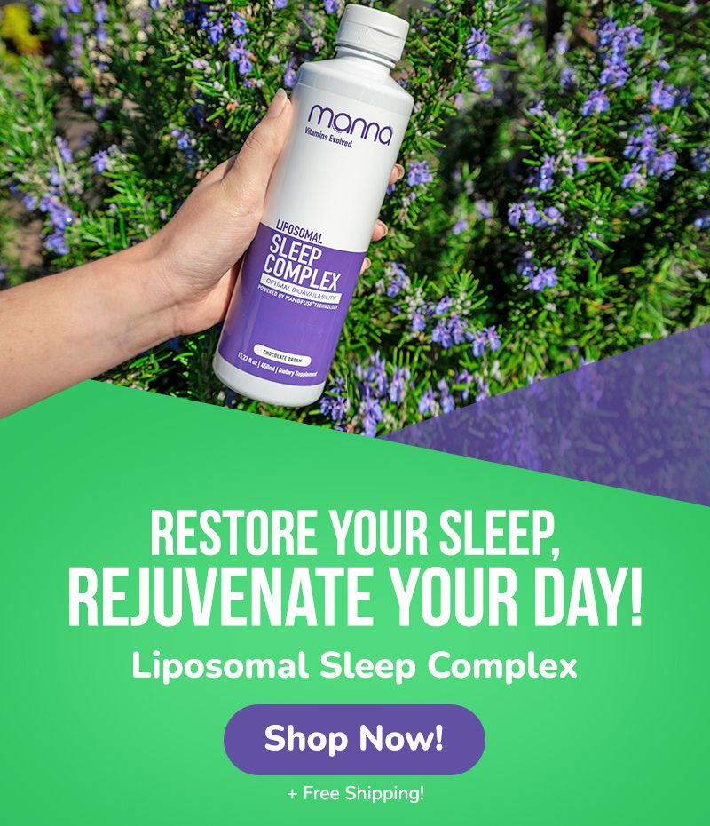 A person holding a bottle of Manna Liposomal Sleep Complex in front of green foliage with text promoting the product and free shipping.