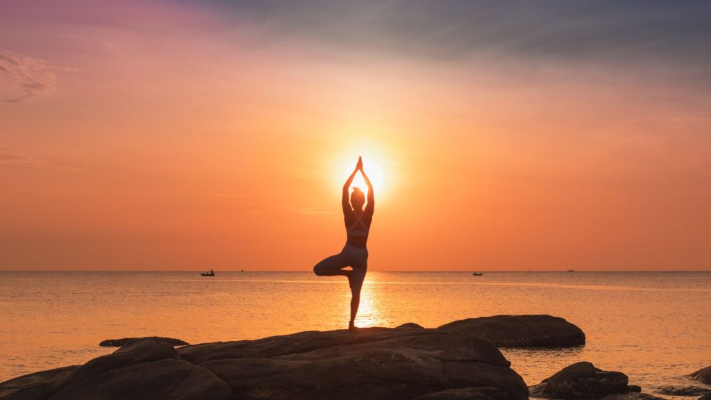 A person performing a tree pose yoga stance on rocks by the sea at sunset.