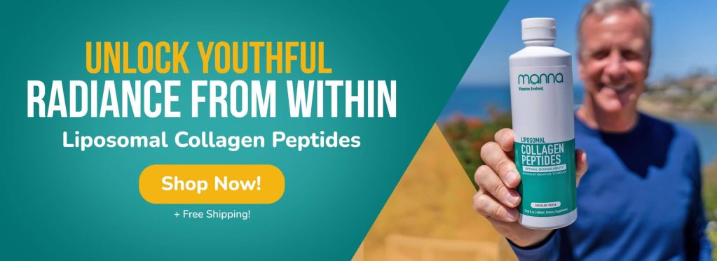 A person holds a bottle of Mama Liposomal Collagen Peptides. Text reads, "Unlock youthful radiance from within. Liposomal Collagen Peptides. Shop now! + Free Shipping!.