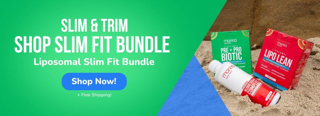 Advertisement for a "Slim Fit Bundle" featuring liposomal supplements on the right, set against a beach background. On the left, text in a green and blue design promotes the bundle with a "Shop Now!" button.