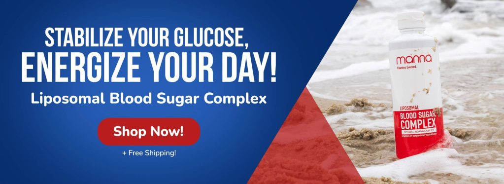 Advertisement for Mama Liposomal Blood Sugar Complex, featuring a bottle on a sandy beach with the text: "Stabilize your glucose, energize your day! Shop now! + Free Shipping!.