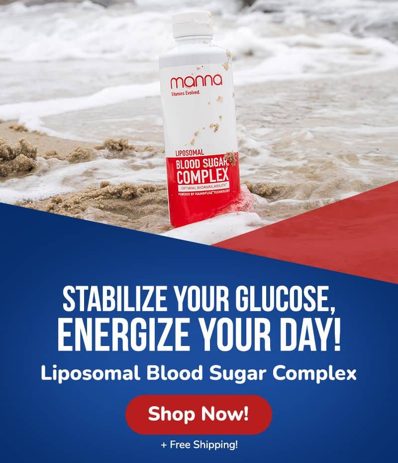 A bottle of Manna Liposomal Blood Sugar Complex is positioned on a beach. The text advertises the product for stabilizing glucose and energizing the day, with a call to action to shop now and free shipping offer.