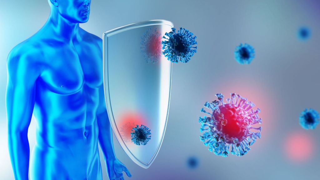 A shield protects a blue, translucent human figure from virus-like particles in a conceptual depiction of immunity or protection against disease.