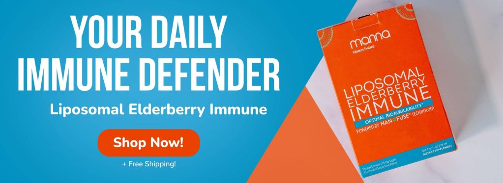 Advertisement for Liposomal Elderberry Immune supplement. Text reads, "Your daily immune defender. Liposomal Elderberry Immune." Includes a "Shop Now!" button and "Free Shipping!" note. Product box shown.