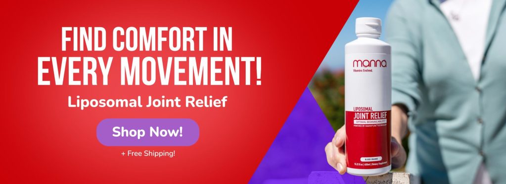 Advertisement for "Mona Liposomal Joint Relief" featuring a person holding the product bottle with the text "Find Comfort in Every Movement! Liposomal Joint Relief" and a "Shop Now" button.