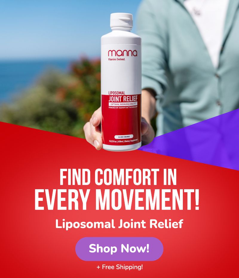 A person holding a bottle of liposomal joint relief product. Text: "Find comfort in every movement! Liposomal Joint Relief. Shop Now! + Free Shipping!.
