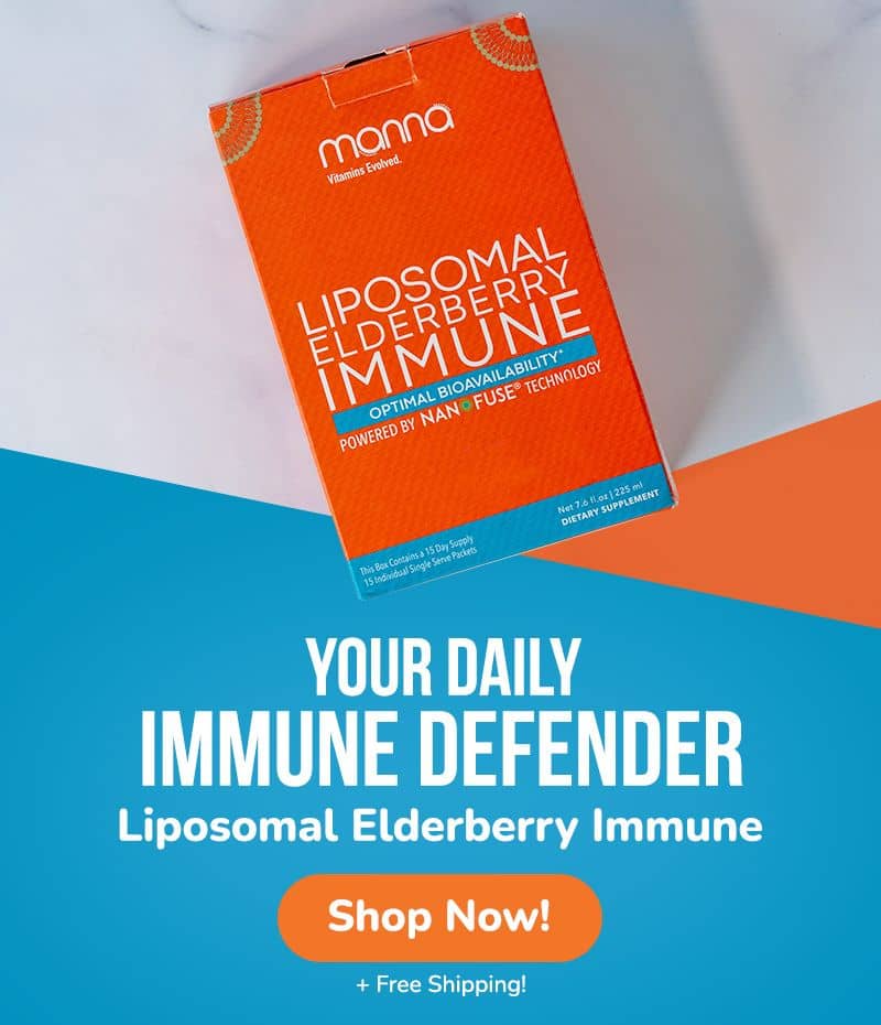 An advertisement for Manna's "Liposomal Elderberry Immune" dietary supplement. The ad highlights "optimal bioavailability powered by MannaFuse Technology" with a prompt to "Shop Now" and offers free shipping.