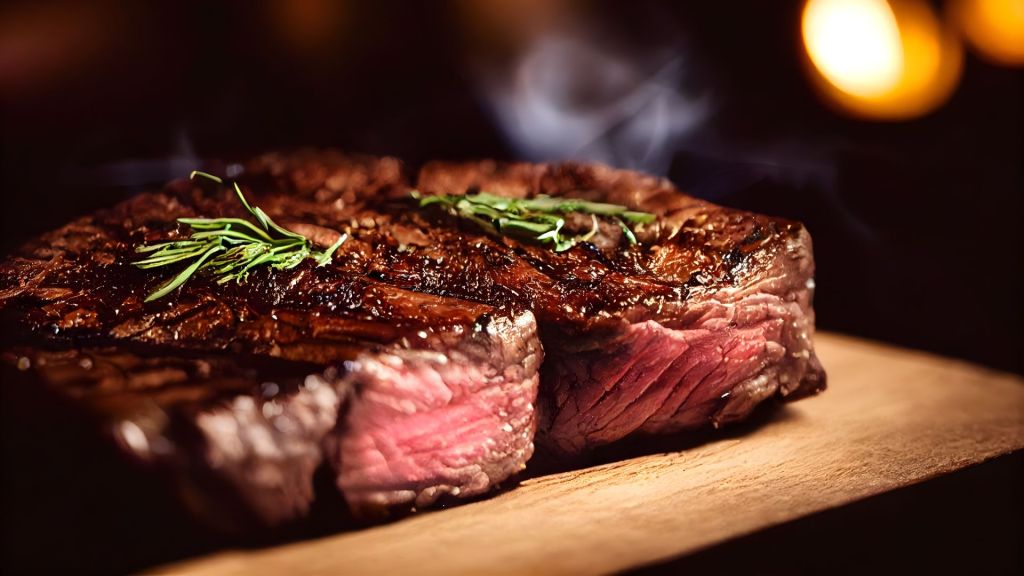 Cooked steak with grill marks on a wooden board, garnished with rosemary.