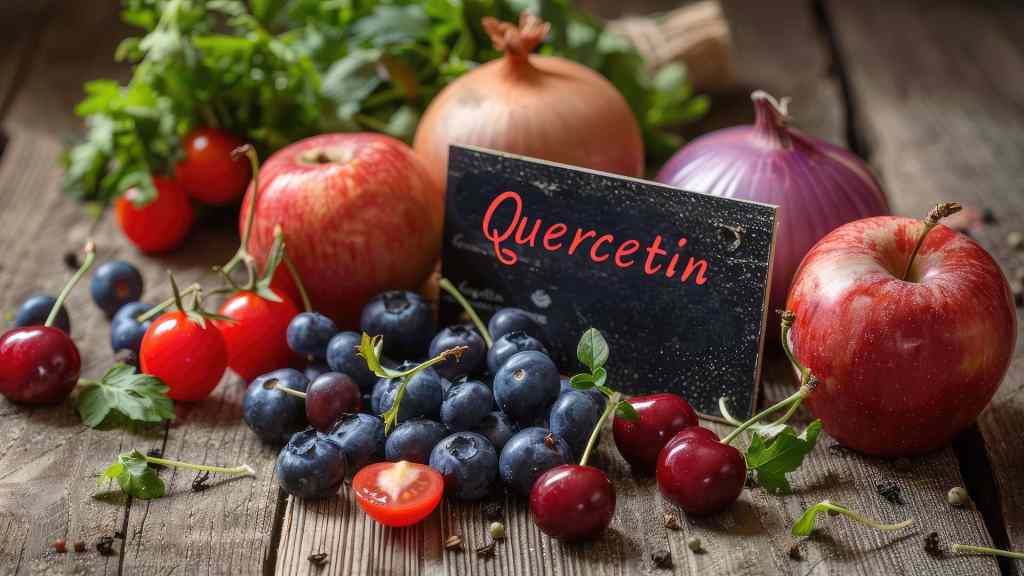 A group of apples, blueberries, cherries, tomatoes, onions, and herbs surround a card labeled "Quercetin" on a wooden surface.