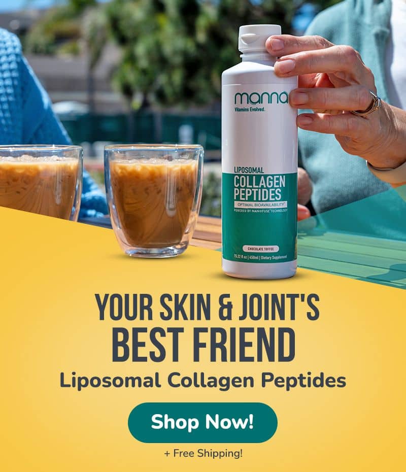 Promotional image of Manna Liposomal Collagen Peptides dietary supplement with the tagline "Your Skin & Joint's Best Friend." Shows a bottle and two glasses with a beverage on an outdoor table.