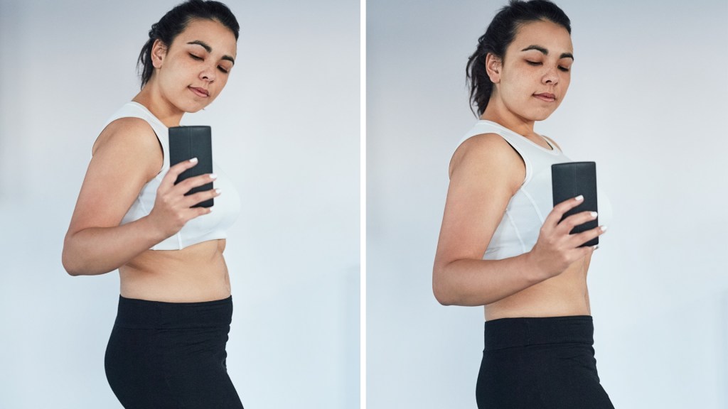 before and after photos of a woman in workout gear