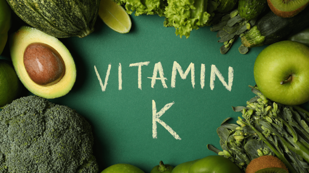 Vitamin K written with images of avocados, broccoli, leafy greens and more
