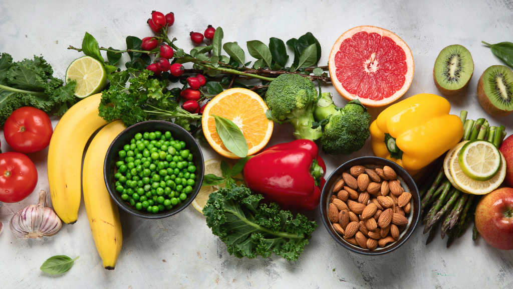 spread of fruits and vegetables on a table