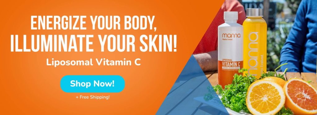 Advertisement for Mama Liposomal Vitamin C featuring two bottles on a table next to fresh orange slices and greenery, with text promoting skin and body benefits. "Shop Now!" button included.