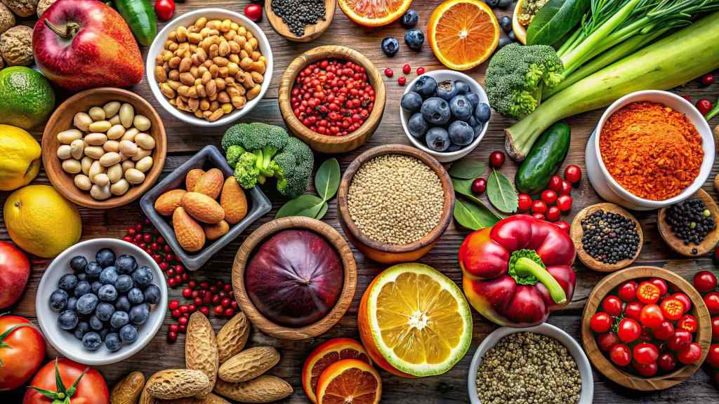 Assorted fresh fruits, vegetables, nuts, seeds, and spices arranged on a wooden surface, showcasing a variety of colors and textures.