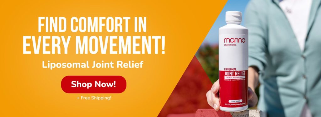 Advertisement for "Mama Vitamin Co." Liposomal Joint Relief supplement with a person holding a bottle. Text reads: "FIND COMFORT IN EVERY MOVEMENT! Liposomal Joint Relief. Shop Now! + Free Shipping.
