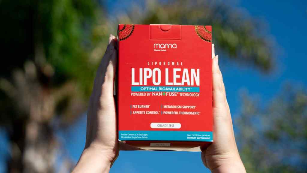 Hands hold up a red box labeled "LIPO LEAN" with various health claims including "Fat Burner" and "Metabolism Support" against a background of blue sky and greenery.