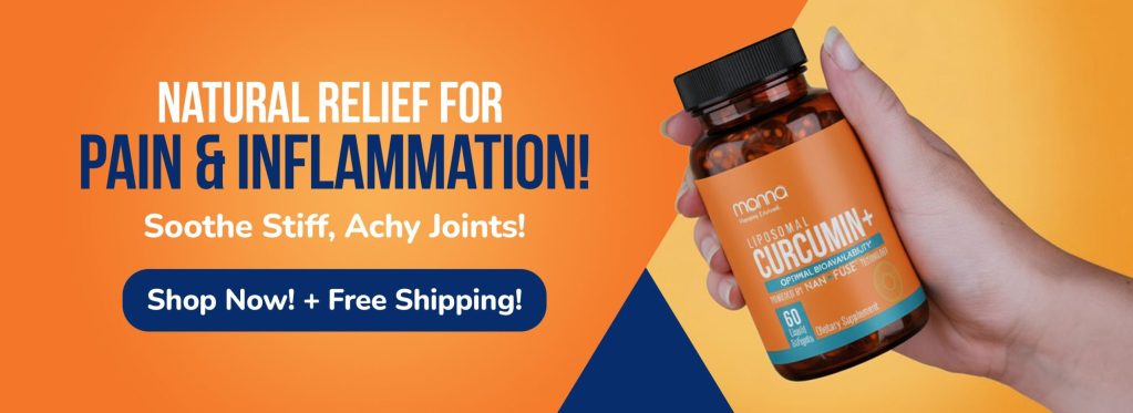 A hand holds a bottle of Momma Curcumin+ supplements against an orange and blue background with text promoting natural relief for pain and inflammation.