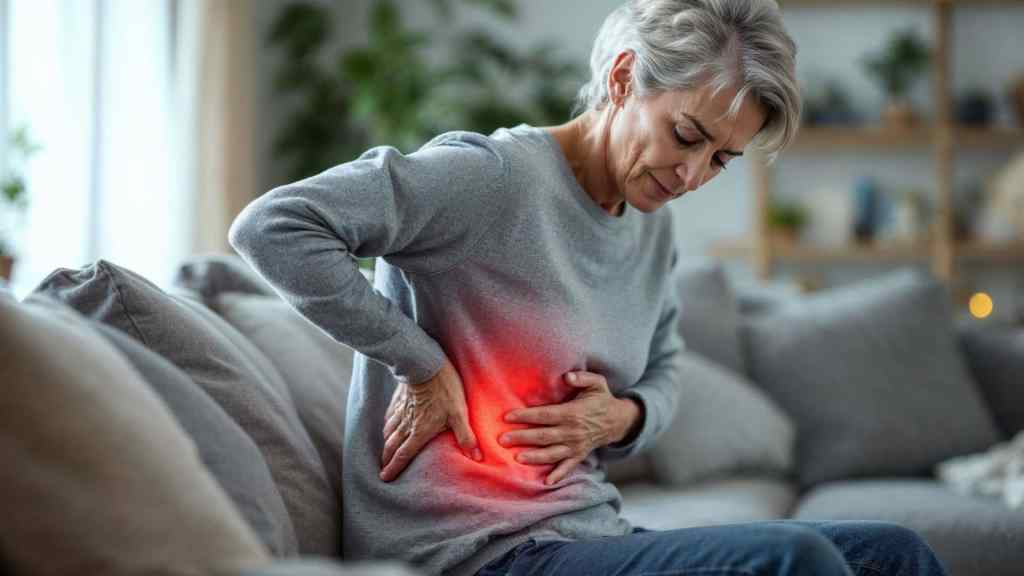 Older woman sitting on couch, holding her side and grimacing in pain, with a red glow highlighting the area of discomfort on her torso.