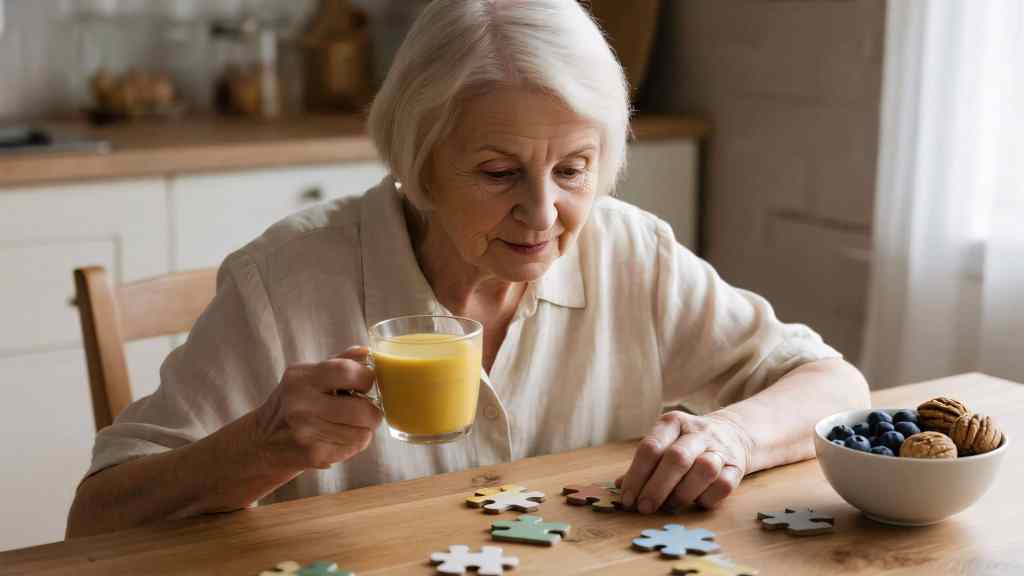 An elderly woman sits at a table holding a glass of orange juice while working on a jigsaw puzzle; a bowl of blueberries and cookies is nearby.