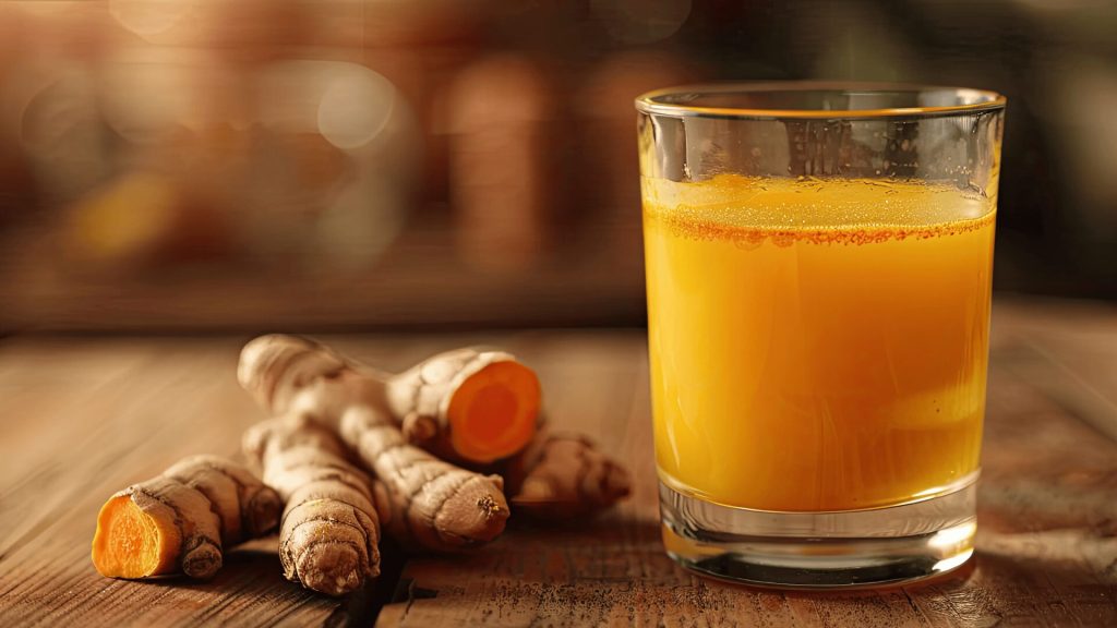 A glass of turmeric juice sits on a wooden surface next to fresh turmeric roots.