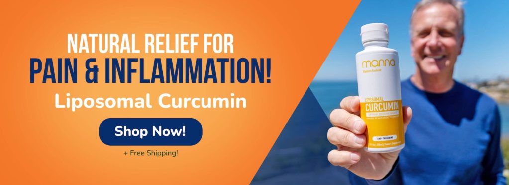 A person holding a bottle of liposomal curcumin supplement. "Natural relief for pain & inflammation! Liposomal Curcumin. Shop Now! + Free Shipping!.