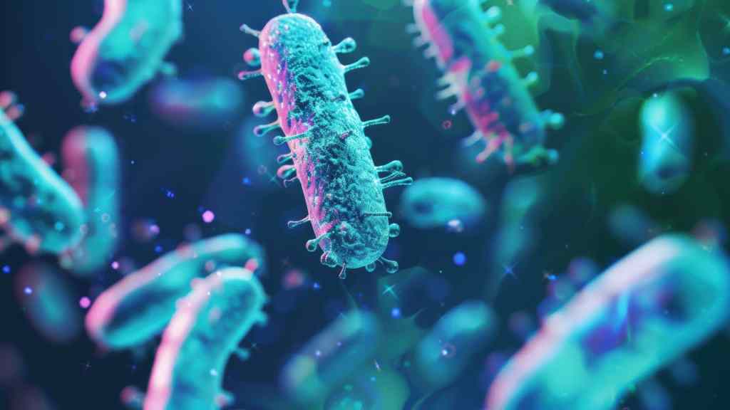 Close-up, digital illustration of multiple rod-shaped bacteria with surface appendages, floating in a blue-green environment.