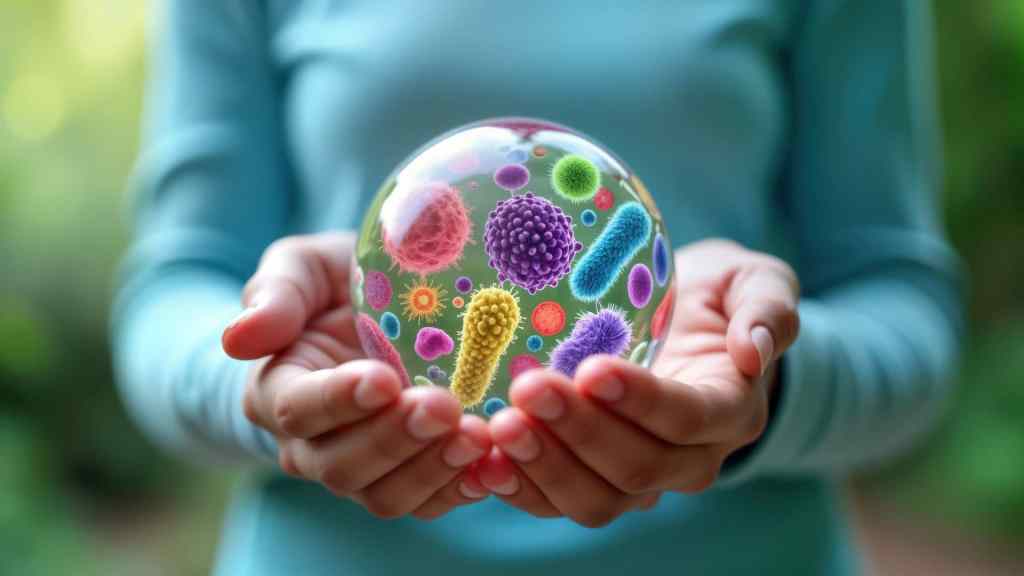 A person holds a clear sphere displaying colorful, enlarged models of various bacteria and microbes, illustrating the concept of microscopic organisms.