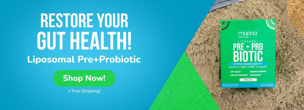 Advertisement for "mama" brand liposomal pre+probiotic supplement, highlighting features like optimal bioavailability, gut support, immune strength, and skin health. Includes a "Shop Now!" button with free shipping.