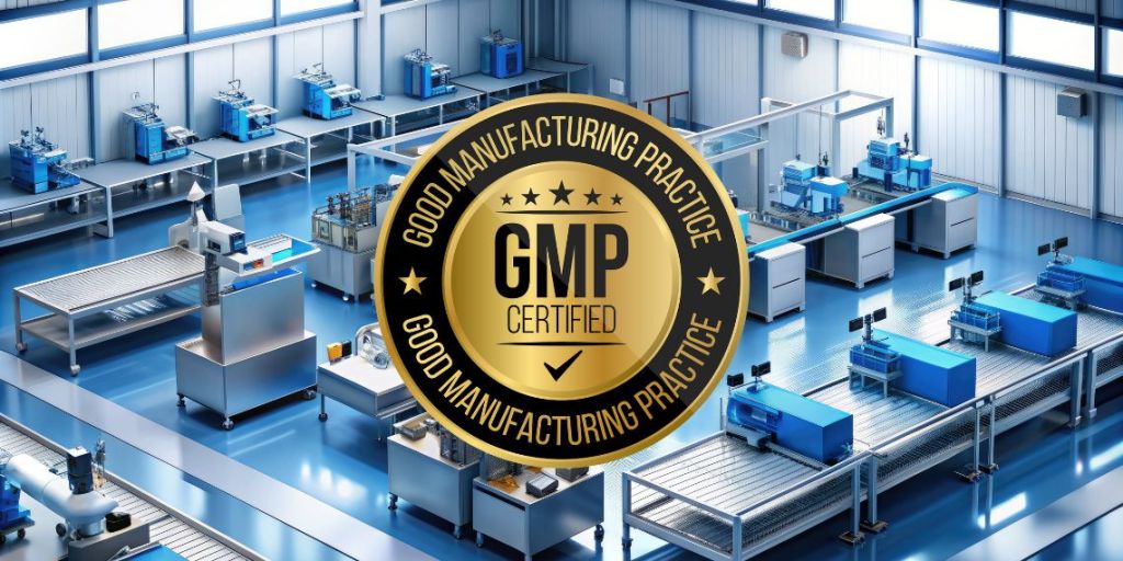 A modern manufacturing facility with various equipment, overlaid by a gold badge stating "Good Manufacturing Practice (GMP) Certified.