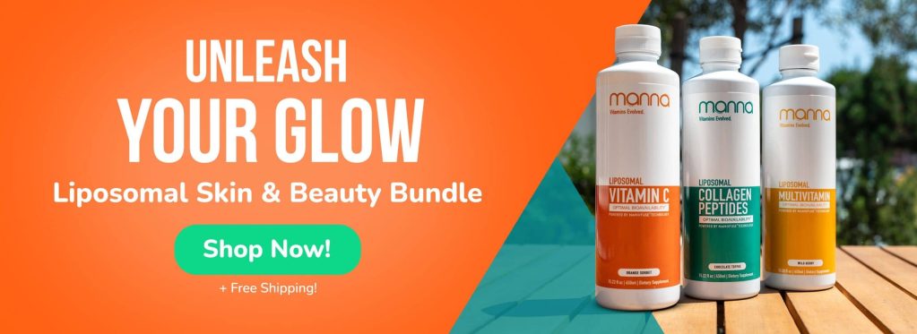 Advertisement for a 'Liposomal Skin & Beauty Bundle' featuring bottles of Vitamin C, Collagen Peptides, and Multivitamin against a blue and orange background, with a "Shop Now" button.