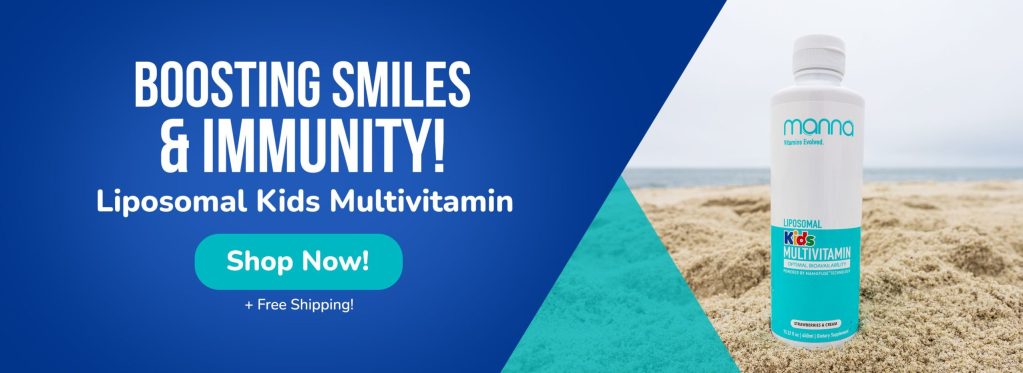 Multivitamin bottle on a sandy beach with text: "Boosting Smiles & Immunity! Liposomal Kids Multivitamin. Shop Now! + Free Shipping!.