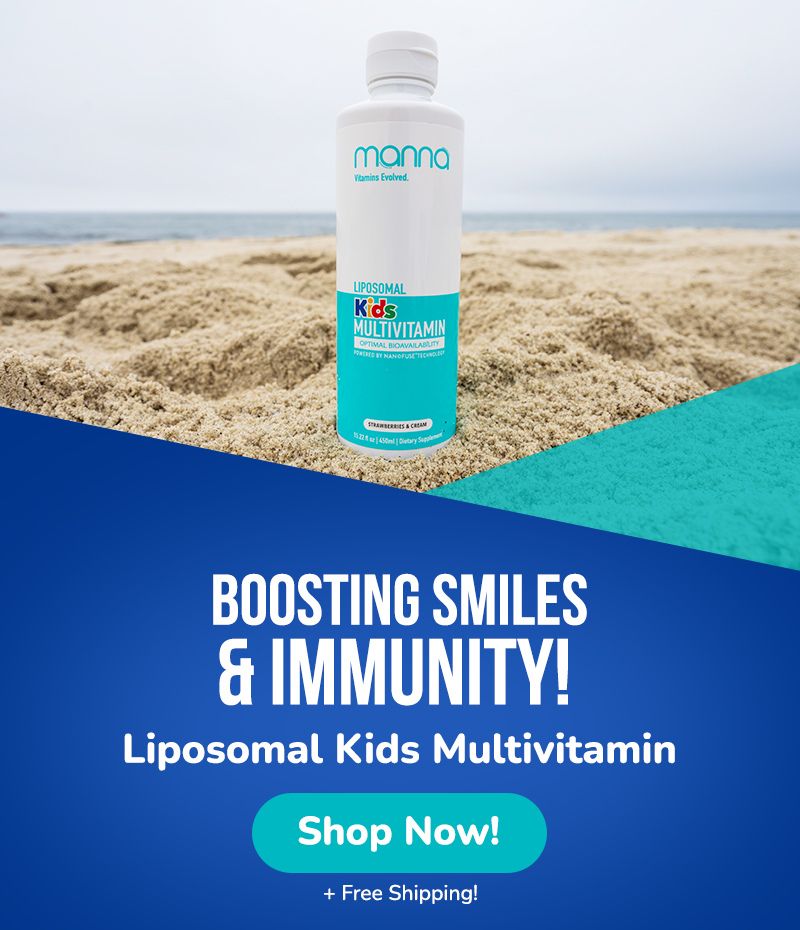 Bottle of Manna Liposomal Kids Multivitamin on a sandy beach with text promoting boosting smiles and immunity. "Shop Now" button displayed.