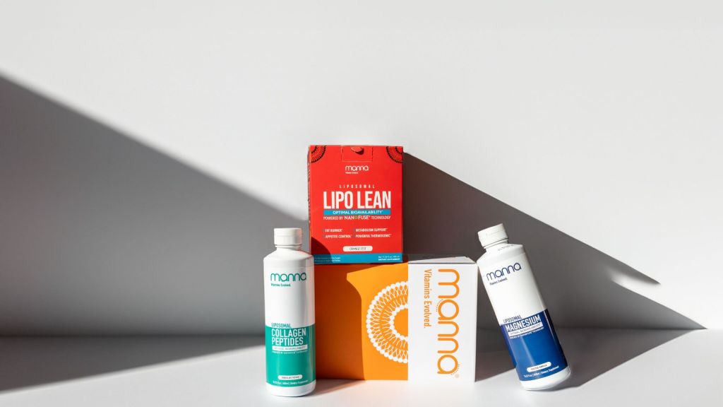 Four health supplement products are displayed on a light surface with a shadow. They include two bottles and two boxes labeled for collagen, vitamins, magnesium, and weight management.