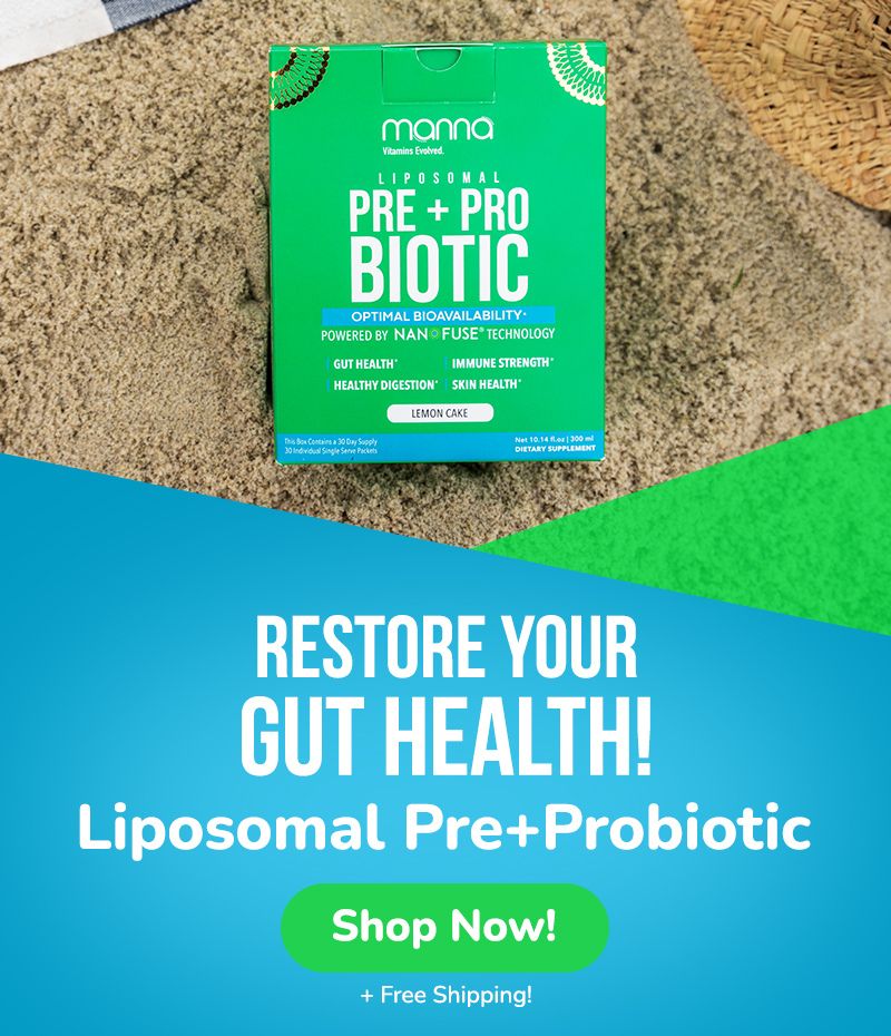 Advertisement for "mama" brand liposomal pre+probiotic supplement, highlighting features like optimal bioavailability, gut support, immune strength, and skin health. Includes a "Shop Now!" button with free shipping.