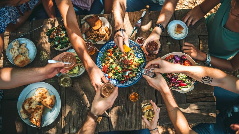 A group of people gathered around a wooden table, sharing a meal with various dishes and drinks, including salad, bread, and beverages, in an outdoor setting.