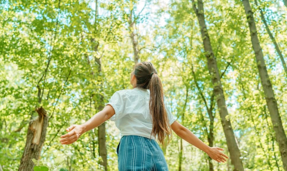 A person with long hair, wearing a white shirt and blue shorts, stands in a forest with arms outstretched, looking up at the tall trees and green canopy above.