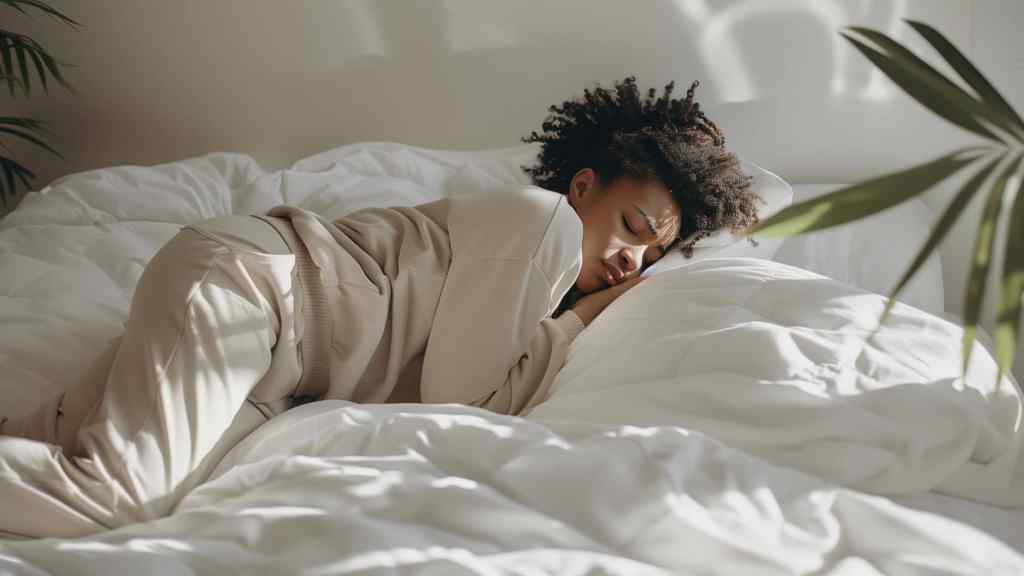 Person lying on their side in a bed with white bedding, wearing light-colored clothes, with eyes closed and sunlight streaming in.