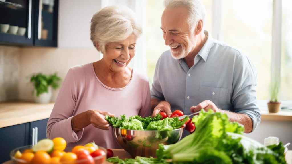 An elderly couple enjoys preparing a salad together in a brightly lit kitchen filled with fresh vegetables.