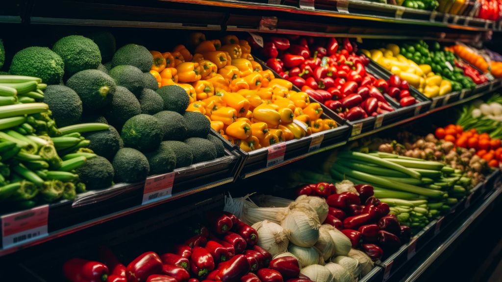 A grocery store produce aisle displaying a variety of fresh vegetables, including broccoli, bell peppers, celery, garlic, and other colorful vegetables, lined up neatly on shelves.