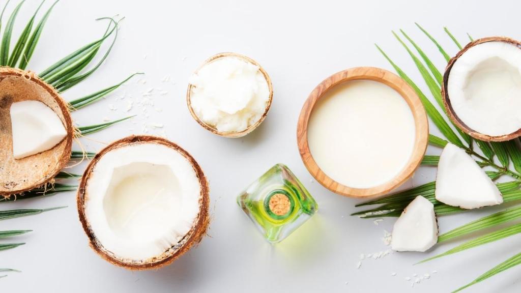 Overhead photo of palm leaves, coconut halves, and coconut oil.