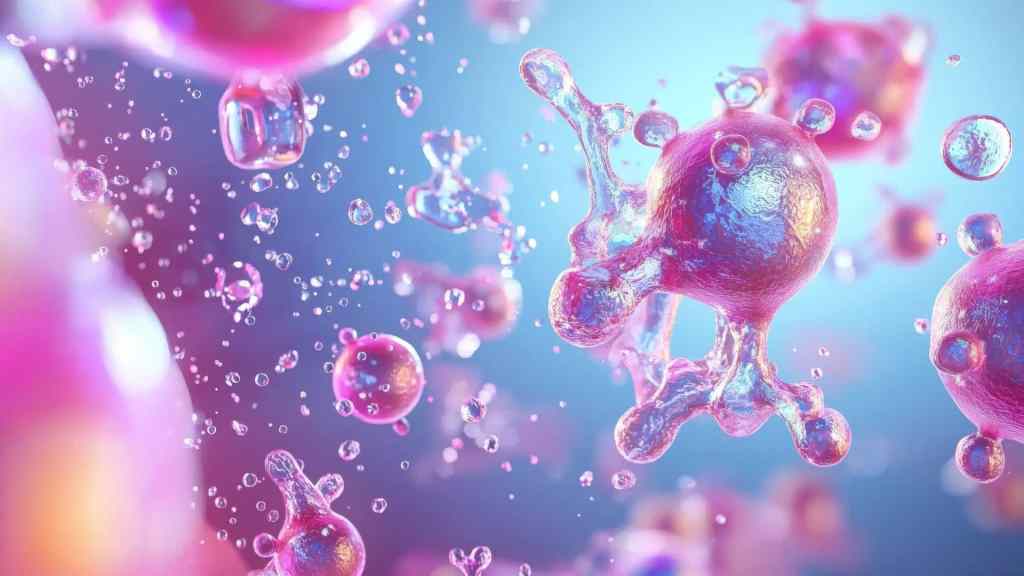 Colorful abstract spheres and droplets in pink and blue hues float against a soft blue background.