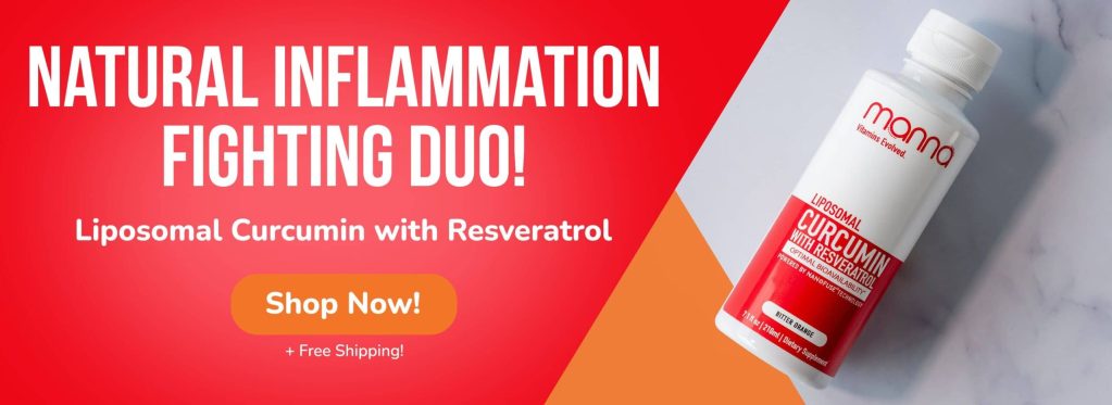 Banner featuring a dietary supplement bottle titled "Liposomal Curcumin with Resveratrol" against a red and white background. Text reads "Natural Inflammation Fighting Duo!" and includes a "Shop Now! + Free Shipping" button.