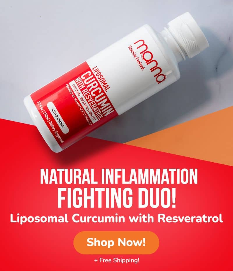 Advertisement for a product called "Liposomal Curcumin with Resveratrol" by Mama Nutrient, described as a natural inflammation fighting supplement. Text encourages shopping with free shipping.