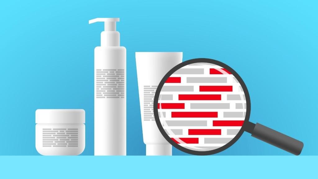 Illustration of products with a magnifying glass examining hypothetical ingredients, many of which are red.
