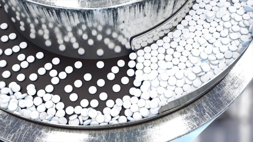 Conveyor belt of pressed tablets.