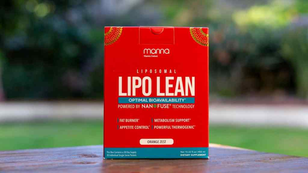 A red box labeled "Lipo Lean" by Manna Vitamins Evolved, offering benefits like fat burning and metabolism support. The product is described as "Orange Zest" flavor and utilizes NanoFuse technology.