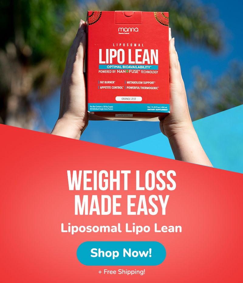 A person holds a box of "Liposomal Lipo Lean" weight loss product with promotional text beneath it stating "Weight Loss Made Easy" and "Shop Now! + Free Shipping!" against a tropical background.